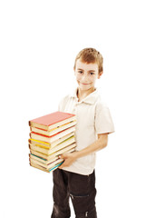 Little boy holds a stack of books. Isolated on white