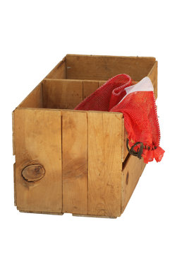 Wood Orange Crate Container With Empty Sack.