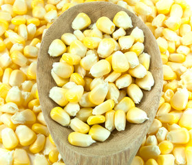 Sweet corn with wooden ladle.
