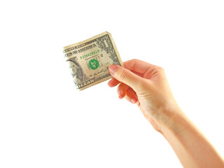 Hand holding one US dollar isolated against white background