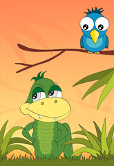 Krokodyl i ptak w dżungli, ilustracja wektorowa do książki