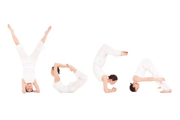 Young woman doing yoga exercise. Word 