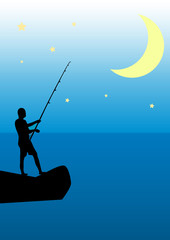 Night fishing from the rocks on the background of the Moon