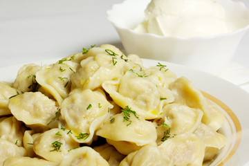 Bowl with traditional russian dish - pelmeni
