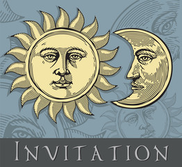 Vector illustration of Moon and Sun with faces( Invitation card)
