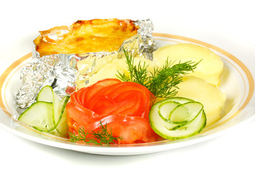 Baked Potato filled with meat and cheese on white plate