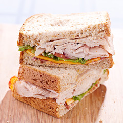 a turkey club sandwhich cut in halves with selective focus