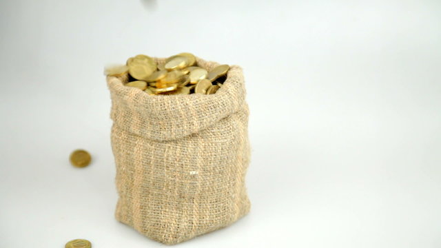 Golden coins fall from above and fill a linen bag