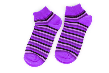 violet striped socks isolated on white