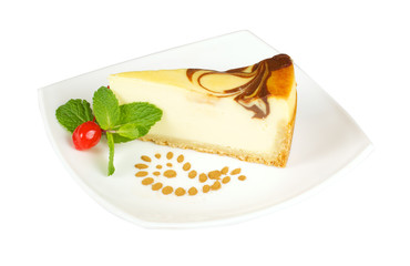 Gourmet slice of cheesecake on the white background