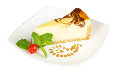 Gourmet slice of cheesecake on the white background