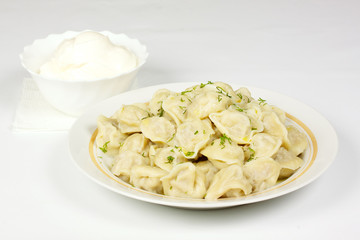 Bowl with traditional russian dish - pelmeni