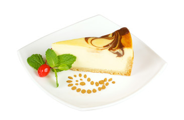 Gourmet slice of cheesecake on the white background