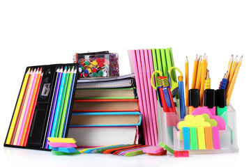 Fototapeta premium bright stationery and books isolated on white