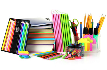 Fototapeta premium bright stationery and books isolated on white