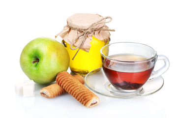 delicious breakfast of tea, cookies, apple and honney