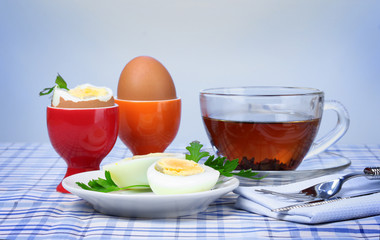 delicious breakfast of boiled eggs and tea