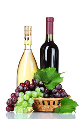 ripe green and red grapes in basket and wine isolated on white