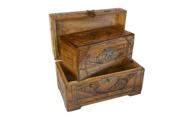 Isolated vintage wooden box on white .