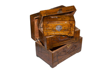 Isolated vintage wooden box on white .