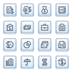 Finance icons on blue buttons.