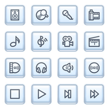 Audio video icons on blue buttons.