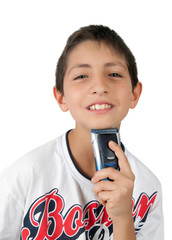 kid boy toothy smiles and shaving chin with shaver razor