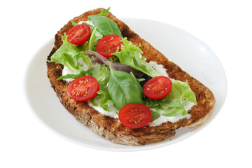 Toast with cream cheese, lettuce and tomato