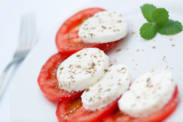 Ensalada de tomate y queso mozarella en fondo blanco