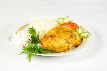 Steamed Garlic chicken and rice on white plate