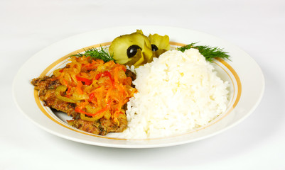 Fired meat, white rice and vegetables