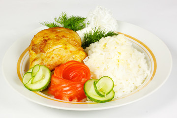 Steamed Garlic chicken and rice on white plate