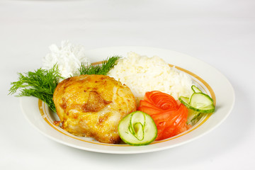 Steamed Garlic chicken and rice on white plate