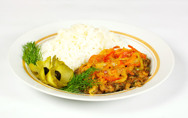 Fired meat, white rice and vegetables