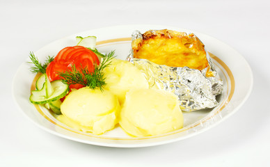 Baked Potato filled with meat and cheese on white plate