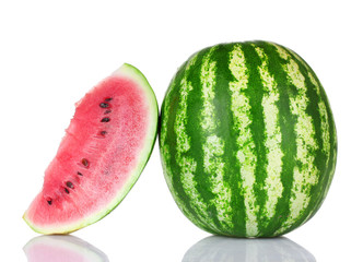 ripe watermelon and slice isolated on white
