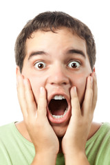 young amazed man portrait isolated on white background