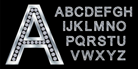 Silver alphabet set, letters with diamonds
