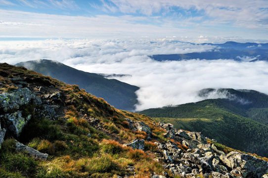 Early morning fog and clouds in the mountains