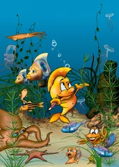 Kissenbezug Ozeanleben - Cartoon-Hintergrund-Illustration © Roman Dekan
