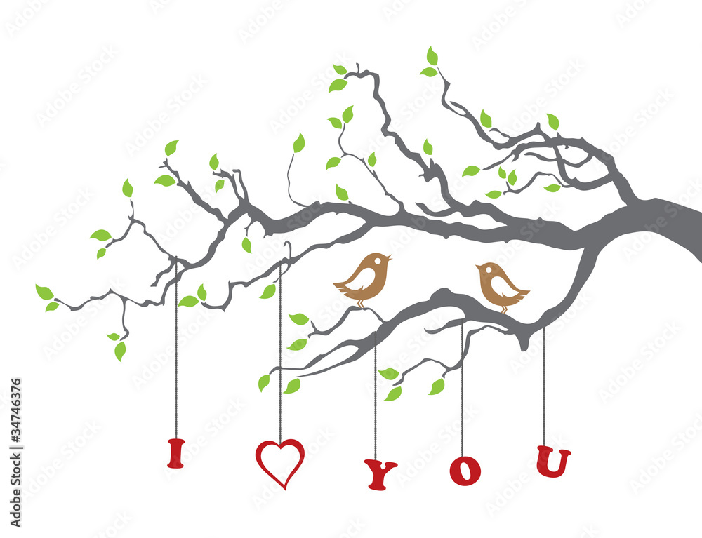 Wall mural birds in love on a tree branch