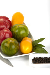 Verschiedene Biotomaten in weisser Schale
