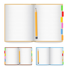 Vector opened notebook with pencil