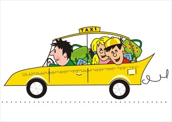 Taxi with people, two children and driver, humorous vector illustration