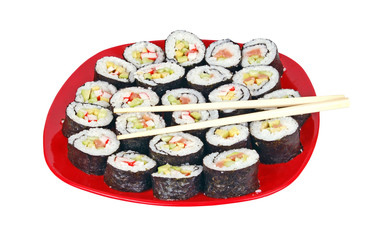 Japanese cuisine - sushi roll and stick on white backround