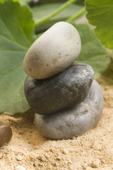 Fototapeta na wymiar Zen pirámide de piedras en superficie de arena, hojas de color v