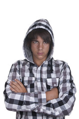 Closeup of a teenager wearing a hoodie, underlit