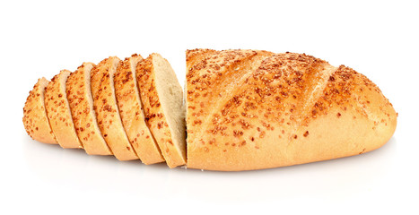 tasty sliced bread with sesame seeds isolated on white