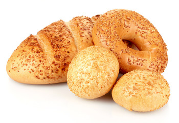 bread and buns with sesame seeds isolated on white