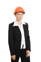 Businesswoman in a helmet on a white background.